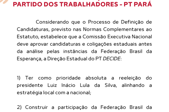 PT Pará aprova indicação de candidaturas e coligações para direção nacional e reafirma reeleição de Lula como prioridade